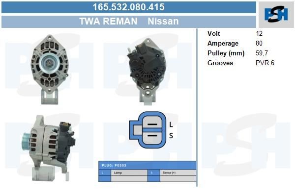 Lichtmaschine Nissan Almera, Primera; 80A, ADA982, 165532080, DAN1031, 0986045671