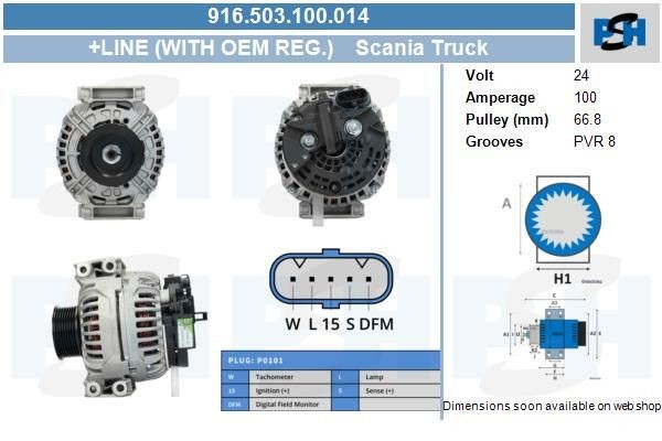 Lichtmaschine Scania P, G, R, T - Series, 4 - Series; 100A, 0124655007, F042301128, 916503100, DRB7
