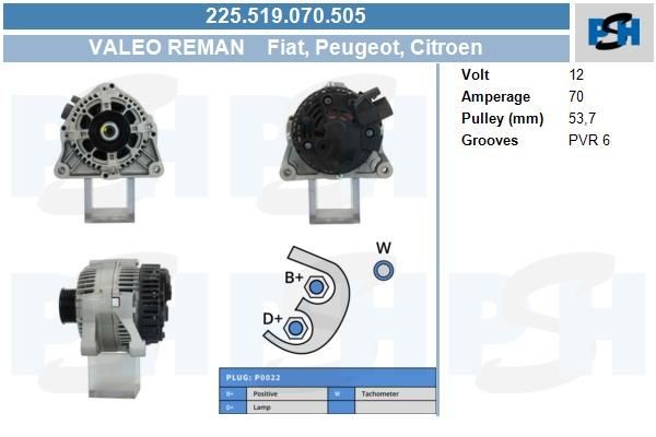 Lichtmaschine Peugeot 106, 206, 306, Expert, Partner; 70A, 225519070, DRA3706, LEA0463, LRB00436