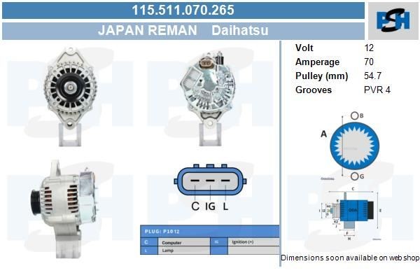 Lichtmaschine Daihatsu Charade IV, Gran Move; 70A, AIA131, 115511070, 102211527, 1022115270