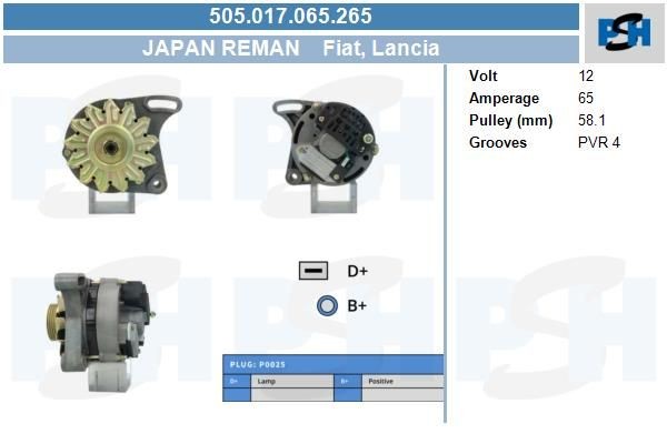 Lichtmaschine Fiat 65A, 505017065, DAN575, DAN619, 0986038621
