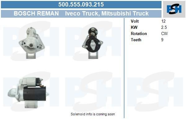 Starter Iveco Daily, Renault Trucks Mascott; 2.5 kw 500555093 ,504086888, 0986018950, DRS0185, 0001