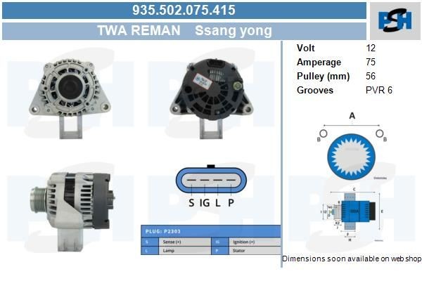 Lichtmaschine SSang Yong Korando, Rexton; 75A, A6621545002, A6621545402, 935502075, DRA0848