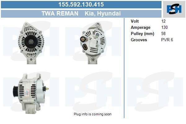 Lichtmaschine Hyundai Santa Fé, Kia Carnival, Magentis; 130A, 0986UR0355, 155592130, 021319271, 373