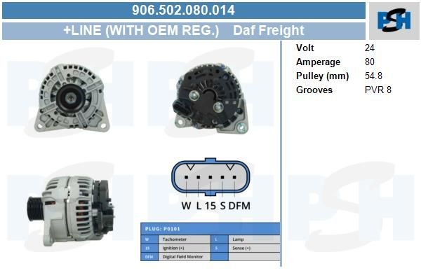 Lichtmaschine DAF CF, LF; 80A, 0124555006, 906502080, 0986047410, DRB7410