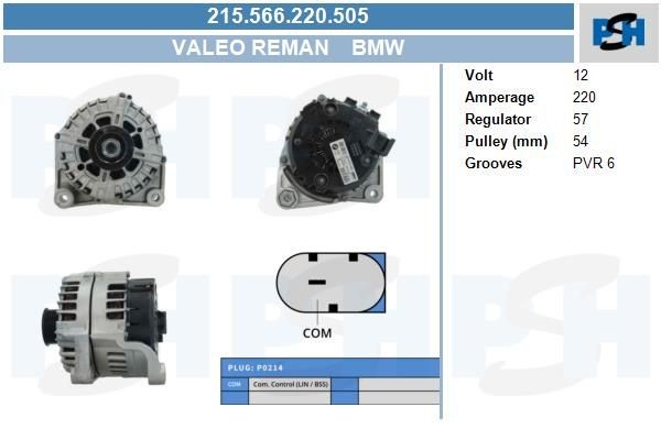 Lichtmaschine BMW 5, 5 Touring, 6 Cabriolet, 6 Coupe, 6 Gran Coupe, 7, X3, X5; 220A, 215566220, DRA