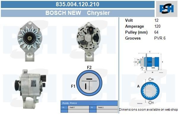 Lichtmaschine Chrysler Voyager, Le Baron; 120A, 0120450031, 835004120, 22126, LRA01127