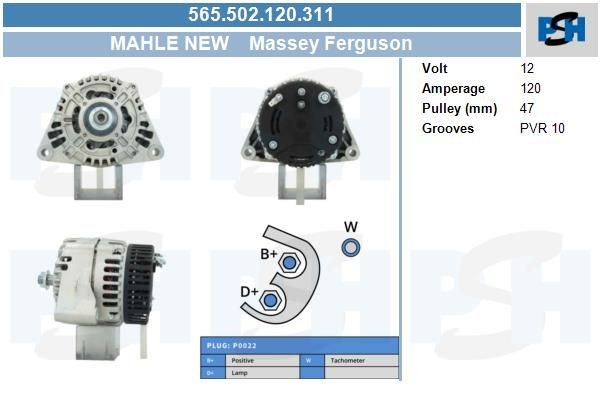 Lichtmaschine Massey Ferguson 120A, 565502120, 4287014M2, 4287014M3, 4287014M4