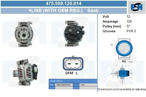 Lichtmaschine Saab 9-3, 9-3X; 120A, 0124425033, 0124425040, 475509120, 0986048070