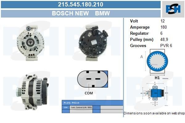 Lichtmaschine BMW 1, 3, 5, 6, X1, X3, X5; 180A, 0121715012, 0121715112, 215545180, 0986048820