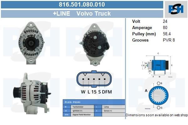Lichtmaschine Volvo FH, FM, FMX; 80A, 0124555009, 816501080, 0986046290, DRB6290