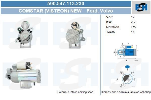 Starter Ford C-Max, Grand C-Max, Focus, Galaxy, Kuga, Mondeo, S-Max; 2.2 kw 1233235 ,1351989, 13763