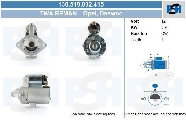 Starter Opel/ Daewoo 0.9 kw 0001157030 ,9000692079, F000AL0304, F004A95002, 0001108053, 0001112008,