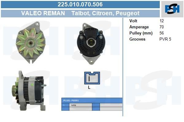 Lichtmaschine Citroen / Peugeot 70A, 225010070, 0986036851, DRA2793, LRA01263