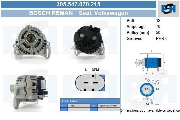 Lichtmaschine Skoda Fabia, Roomster; 70A, 0124315007, 037903025G, 037903025N, 038903018MX