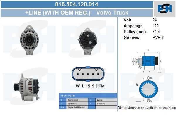Lichtmaschine Volvo Truck FH, 120A, 0124655024, 0124655333, 816504120, 0986081010