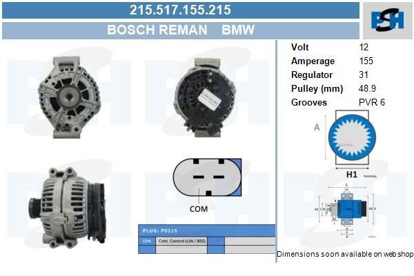 Lichtmaschine BMW Z4, 1, 3, 5, 6; 155A, 0124525083, 0124525524, 215517155, 0986048350