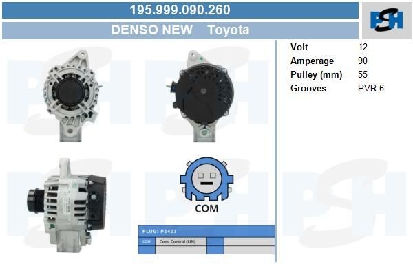 Lichtmaschine Toyota Auris, Auris Kombi, Corolla; 90A, 195999090, 1012101750, 287547, DAN1096