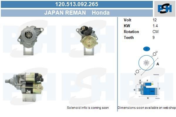 Starter Honda 1.4 kw ,, , , AHS171, 120513092, DRS5721, 31200PH3006