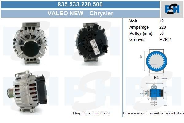 Lichtmaschine Chrysler 220A, 835533220, TG23C029, 04801835AA,