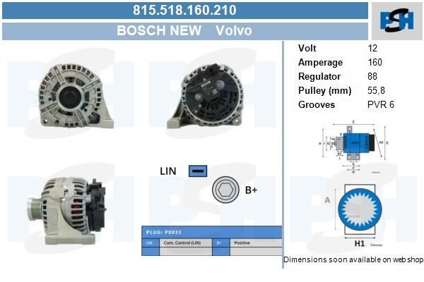 Lichtmaschine Volvo S60, V70, XC70, XC90; 160A, 0124625024, 0124625025, 815518160, 0986047500