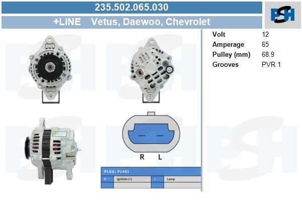 Lichtmaschine Chevrolet Matiz, Spark; 65A, AZA460, 235502065, 0986049051, 19030031
