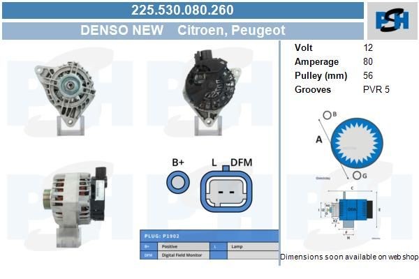 Lichtmaschine Peugeot 106, 206, 306, Partner; 80A, F042A0H136, 225530080, 63321740, DAN1063